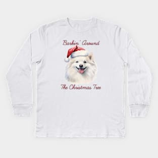 Christmas Japanese Spitz Dog in Santa Hat Kids Long Sleeve T-Shirt